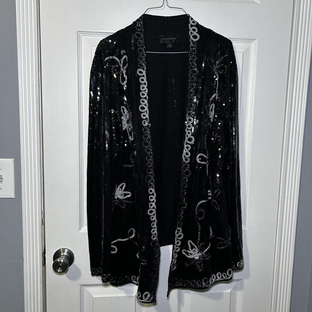Investments Jacket Women's Large Black Sequin Floral Open Front Knit Embellished - Picture 3 of 11